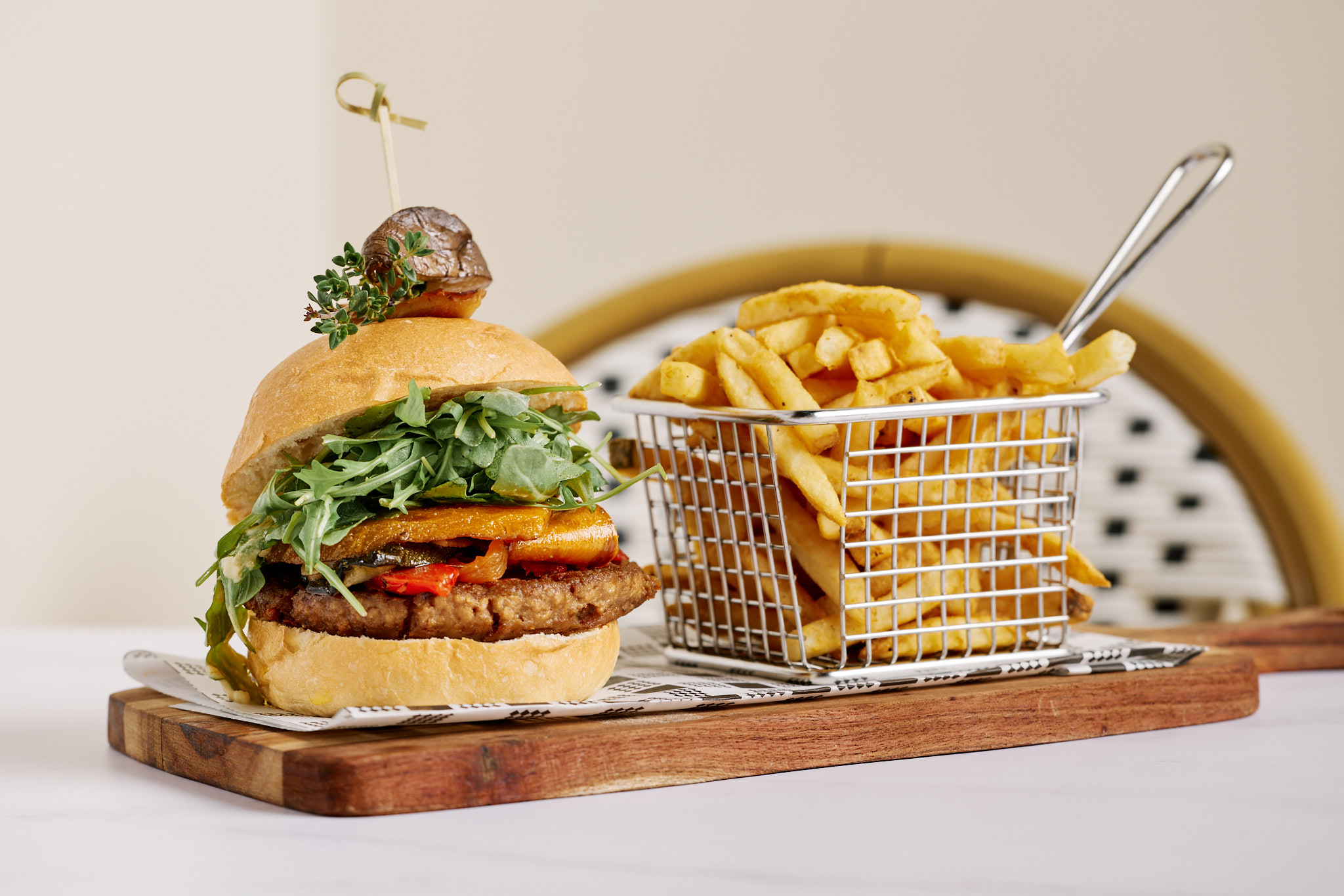 Chicken burger with fries